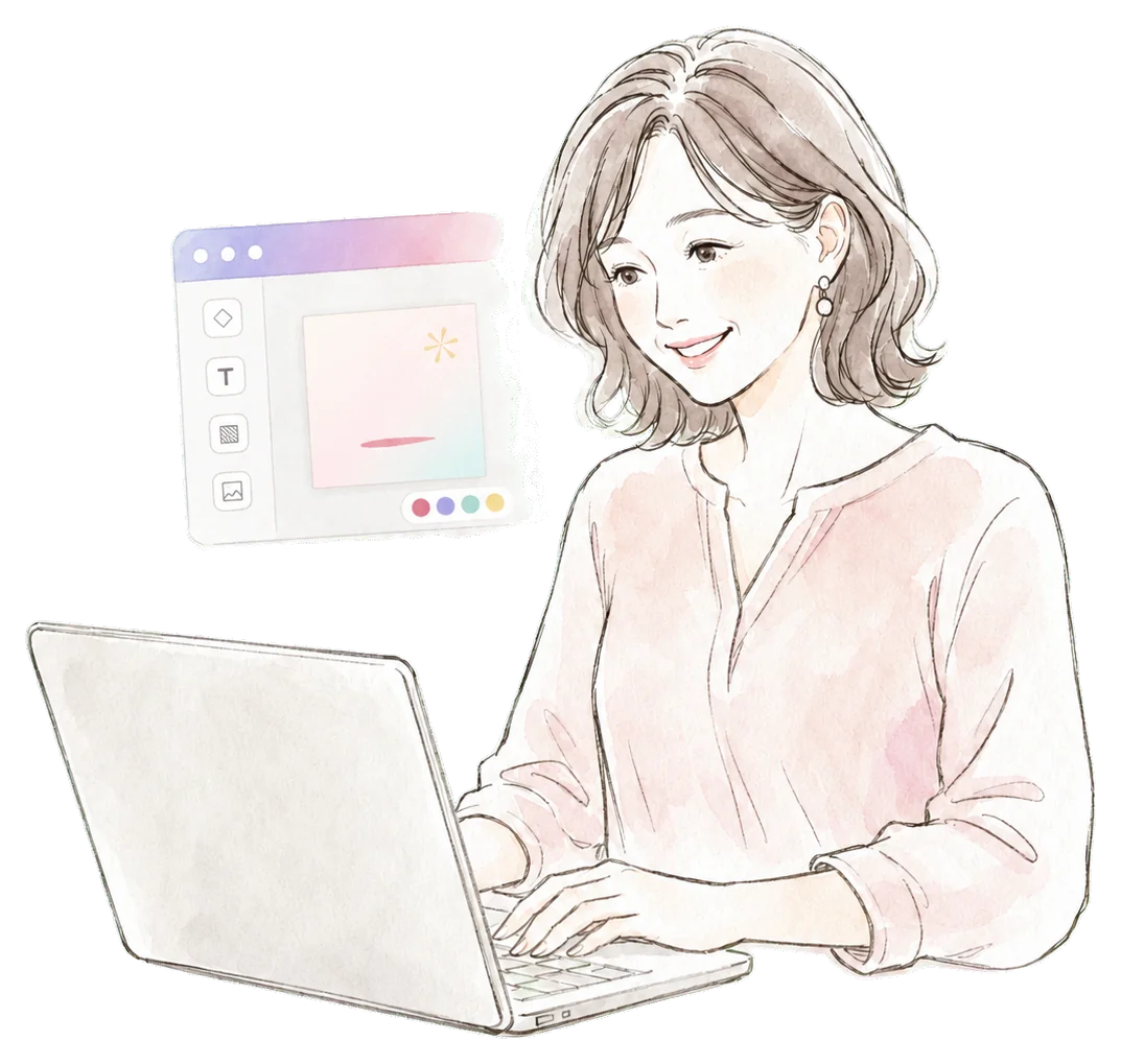 パソコンでCanvaのデザイン画面を見ながら学ぶ女性のイラスト
