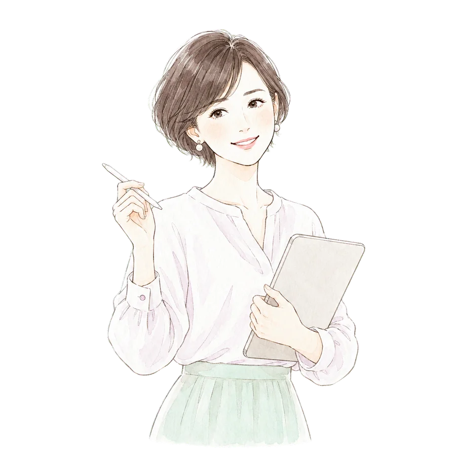 タブレットを持って微笑む女性講師のイラスト